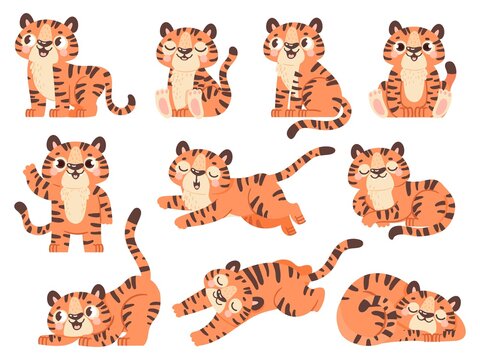 Cute baby tigers. Cartoon jungle animal for kids design. Tiger poses in sleep, sit, play and roar. 2022 new year symbol character vector set