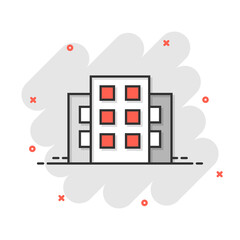 Building icon in comic style. Town skyscraper apartment cartoon vector illustration on white isolated background. City tower splash effect business concept.