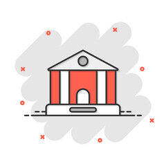 Building icon in comic style. Museum cartoon vector illustration on white isolated background. City tower splash effect business concept.
