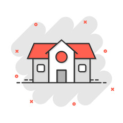 Building icon in comic style. Home cartoon vector illustration on white isolated background. House splash effect business concept.