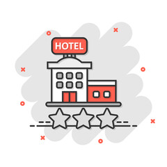 Hotel 3 stars sign icon in comic style. Inn building cartoon vector illustration on white isolated background. Hostel room splash effect business concept.