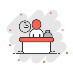 Check in reception icon in comic style. Booking service cartoon vector illustration on white isolated background. Hotel reservation splash effect business concept.