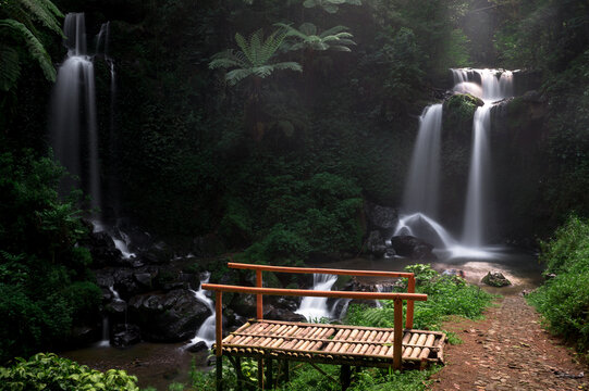 Magelang, Central Java/ Indonesia - April, 21, 2019 :The twin waterfall of Grenjengan Magelang