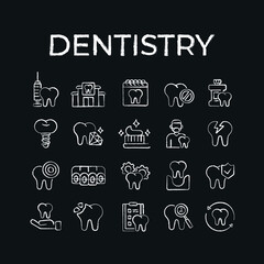 Dentistry chalk icons set. Dental services and therapy. Vector isolated black illustration.
