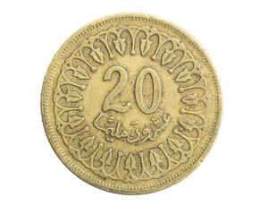 Tunisia twenty millim coin on white isolated background