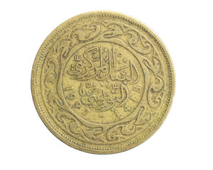 Tunisia twenty millim coin on white isolated background