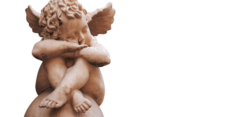 Little angel with wings. Image of an ancient statue isolated on white background.