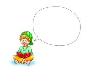 Junge Kleinkind Kind sitzen lächeln barfuß Schüler Teenager lachen Buch lesen Freude Schule Freizeit Hintergrund weiß Bildung Geschäft Vorlage freundlich Sprechblase niedlich lernen Spaß Erkenntnis