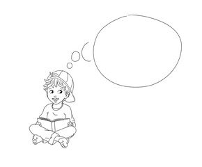 Junge Kleinkind Kind sitzen lächeln barfuß Schüler Teenager lachen Buch lesen Freude Schule Freizeit Hintergrund weiß Bildung Geschäft Vorlage freundlich Denkblase niedlich lernen Spaß Erkenntnis