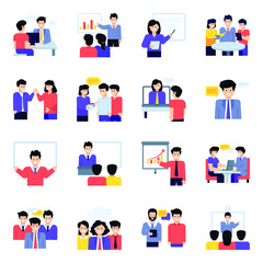 Flat Character Icons of Meetings and Discussion
