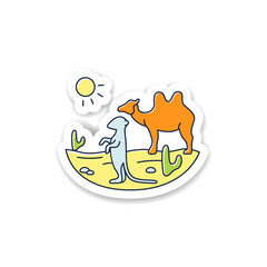 Desert sticker icon. Camel and suricat on desert landscape. Cactus, sun, summer badge for designs. Wild nature, animals. Biodiversity vector emblem