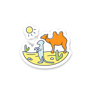 Desert sticker icon. Camel and suricat on desert landscape. Cactus, sun, summer badge for designs. Wild nature, animals. Biodiversity vector emblem