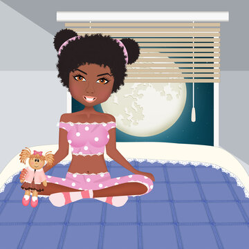 illustration of black girl in pajamas sitting on the bed