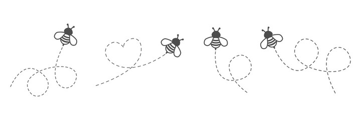 Cute bees with dotted line route set. Vector illustration isolated on white
