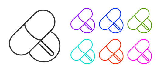 Black line Medicine pill or tablet icon isolated on white background. Capsule pill and drug sign. Pharmacy design. Set icons colorful. Vector