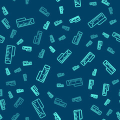 Fototapeta premium Green line Tape measure icon isolated seamless pattern on blue background. Measuring tape. Vector