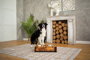 Border collie portrait in interior with bowls