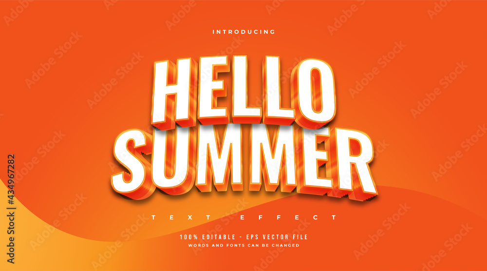 Wall mural hello summer in white and orange with embossed and curved effect. editable text effect