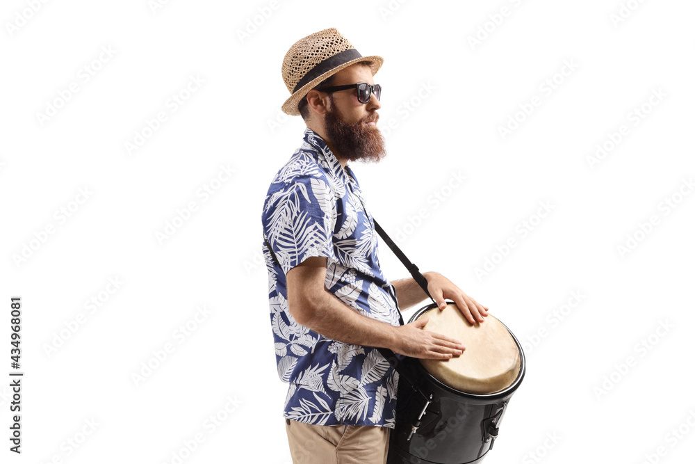 Sticker Profile shot of a bearded an with conga drum