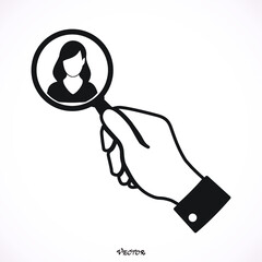 search women, verify on white background, hand holding magnifier glass, flat style,