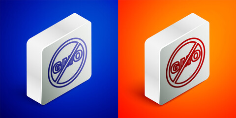 Isometric line No GMO icon isolated on blue and orange background. Genetically modified organism acronym. Dna food modification. Silver square button. Vector