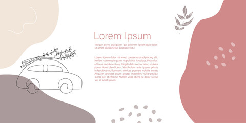 Car with flowers on the trunk. Abstract minimalistic Vector. line art drawing with abstract shape. Template with copy space for invitation, cards, banner and poster, Landing Page