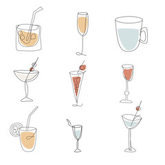 Set of elements Party, reception and alcoholic drinks. Clipart, elements for the design of cards, banners, flyers. Abstract minimalistic Vector line art drawing, abstract shape.