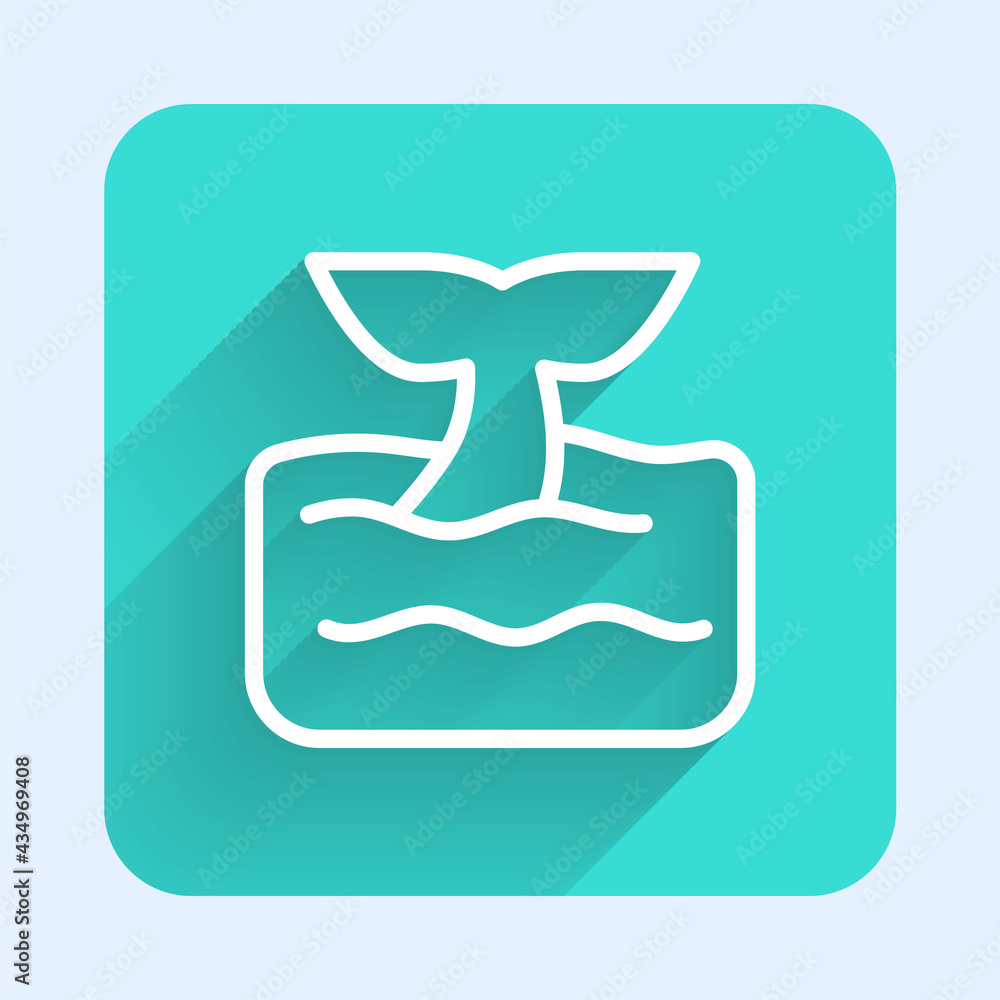 Poster white line whale tail in ocean wave icon isolated with long shadow. green square button. vector