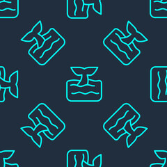 Green line Whale tail in ocean wave icon isolated seamless pattern on blue background. Vector