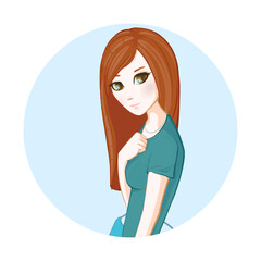 Brown-haired girl in green t-shirt. Circle icon on isolation background. Illustration. Art creation. Fashion model. Shopping  time