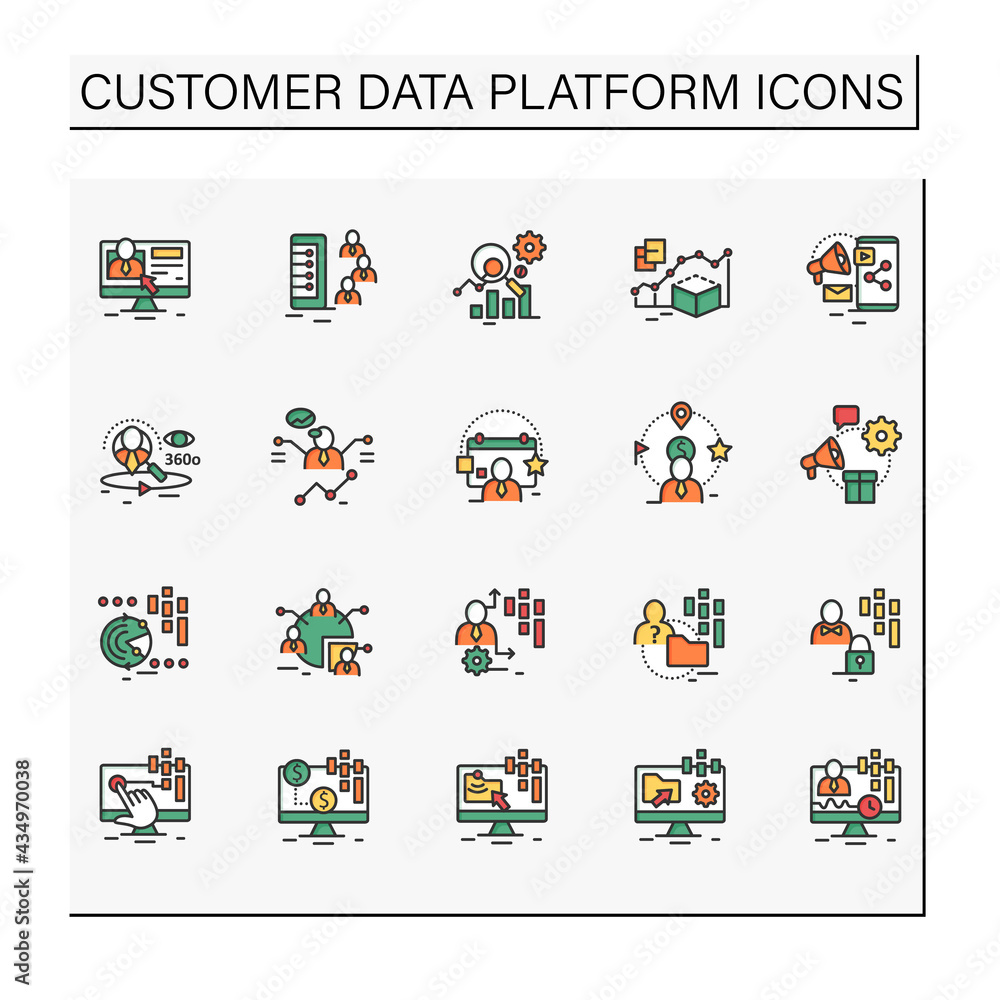 Poster customer data platform color icons set. consists of real-time data, behavioral, marketing companies 