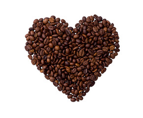 Coffee beans in the shape of a heart, isolated on a white background.