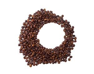 Coffee beans in the shape of a circle, isolated on a white background.
