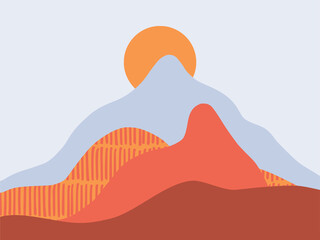 Abstract landscape. The sun is setting behind the mountains. Background with space for text, vector illustration, banner, poster