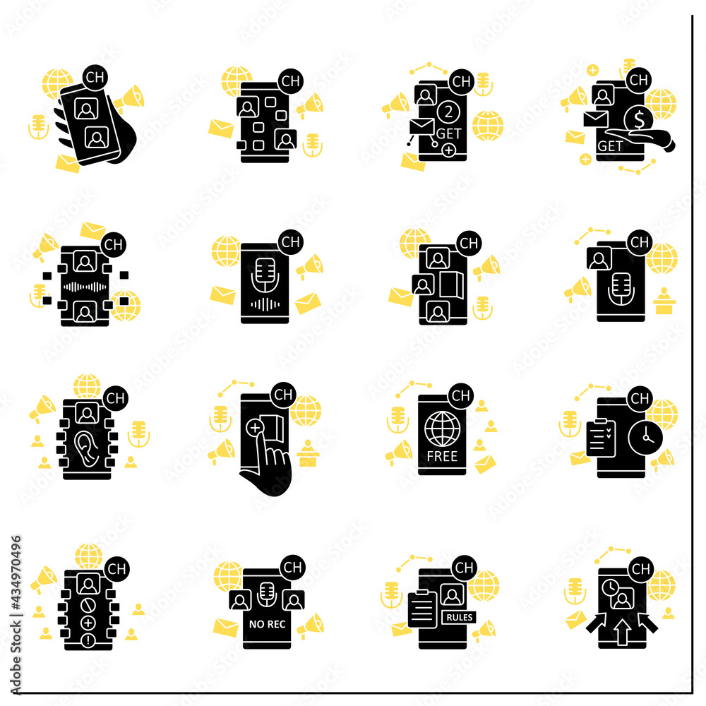 Poster drop in audio app glyph icons set. communication application with friends. application rules, raped 