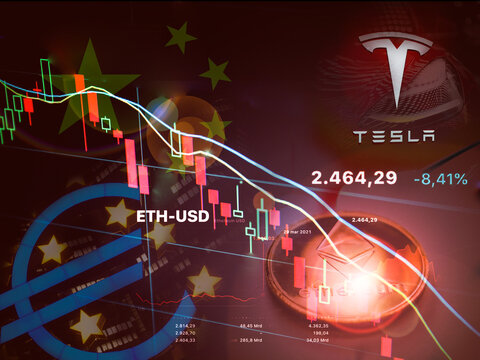 NEW YORK,USA-MAT 21 ,2021: ethereum lost more than 30% against dollar after negative outlook from china government, bce and Elon Musk tesla' cer once a big fan of the electronic coin.