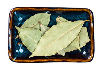 dried Bay Laurel leaves in ceramic bowl cutout