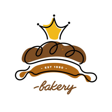 Hot bread with a golden crown and a rolling pin for rolling out the dough on a white background. Bakery logo and fresh baked goods. Vector illustration