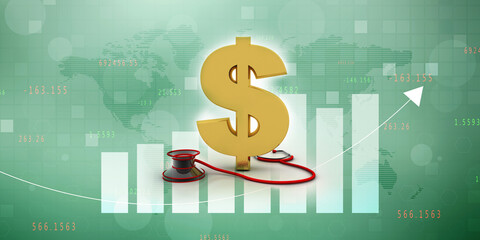 3d rendering usd Dollar symbol with stethoscope 
