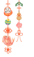 和風縁起物の吊るし雛の手描き水彩風イラスト
