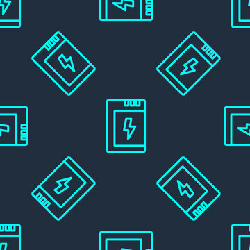 Green line Battery for camera icon isolated seamless pattern on blue background. Lightning bolt symbol. Vector