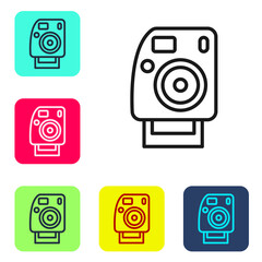 Black line Photo camera icon isolated on white background. Foto camera. Digital photography. Set icons in color square buttons. Vector