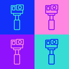Pop art line Action extreme camera icon isolated on color background. Video camera equipment for filming extreme sports. Vector