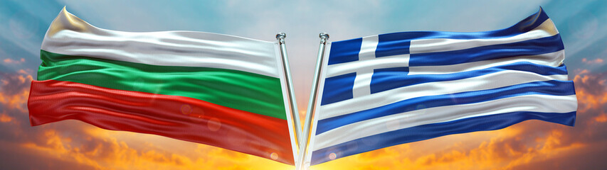 Bulgaria flag and Greece Flag waving with texture sky Cloud and sunset Double Flag  