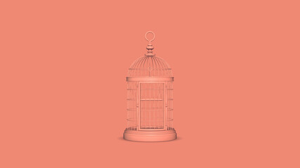 Closed decorative bird cage. 3d render on pink background