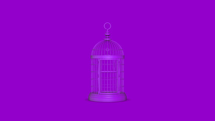 Closed decorative bird cage. 3d render on purple background