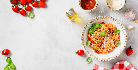 Tasty appetizing classic italian spaghetti pasta with tomato sauce,  parmesan cheese and fresh basil leaves.  Light gray stone background, top view. Space for text