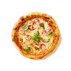 Fresh Homemade Italian Pizza Margherita with mozzarella cheese,cherry tomatoes and fresh  basil leaves. isolated on white background, top view
