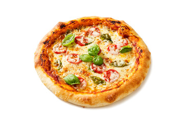 Fresh Homemade Italian Pizza Margherita with mozzarella cheese,cherry tomatoes and fresh  basil leaves. isolated on white background