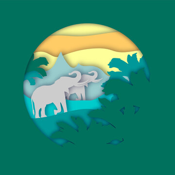 Minimalist postcard in paper cut style. Greeting card with imitation application. Tropical summer poster design. Illustration of elephants in African or Indian desert. Travel agency, hotel logo © Panna_Limon